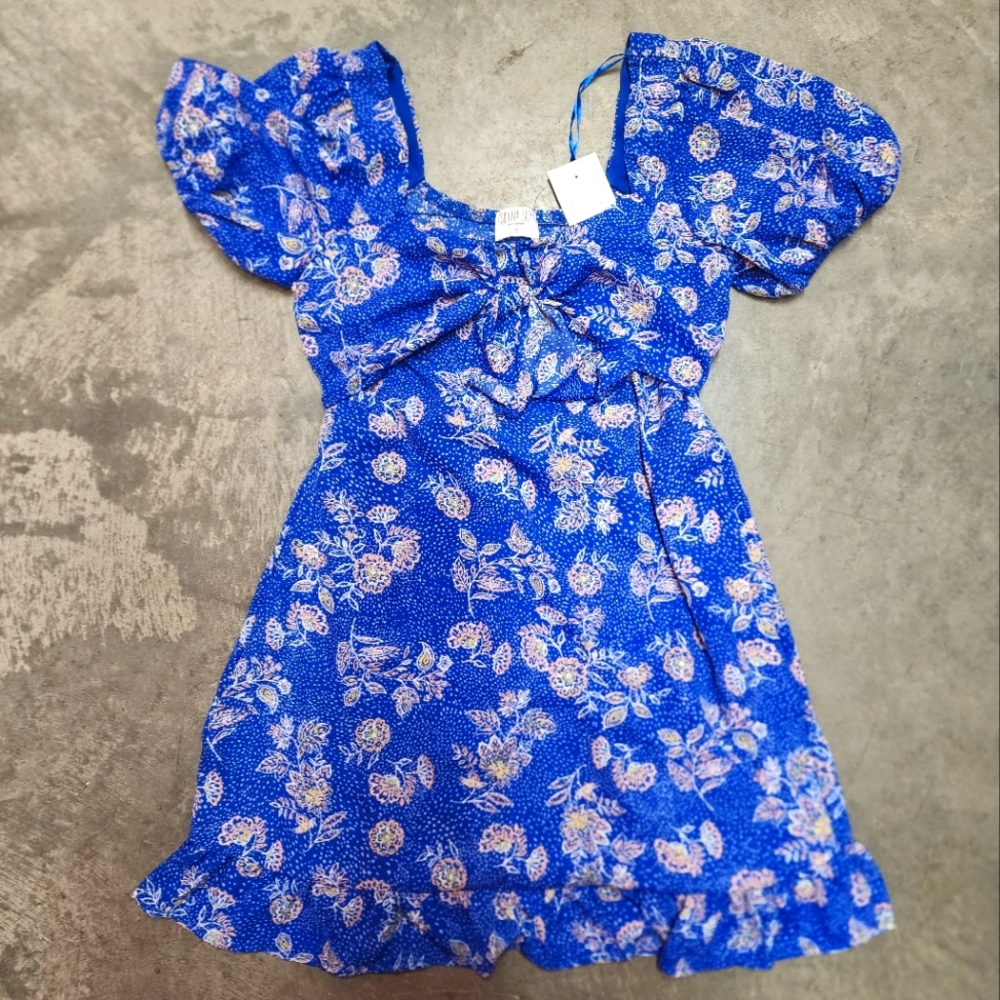 Gorgeous Sienna Sky Bright Blue Floral Puff Sleeve Mini Dress Size Small NWT